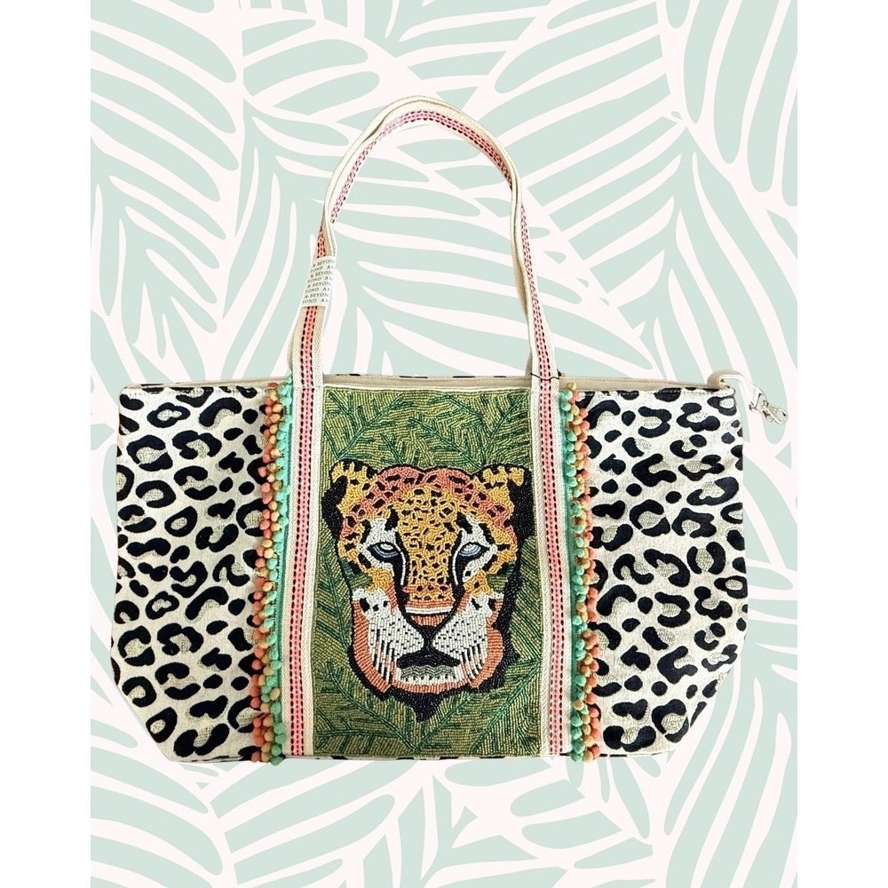 America & Beyond Canvas Beaded Tote Bag Leopard Jungle Boho Maximalist NWT
